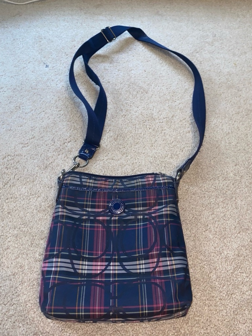 Coach Navy and Pink Plaid Crossbody Bag